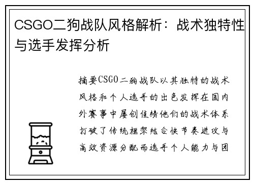 CSGO二狗战队风格解析：战术独特性与选手发挥分析